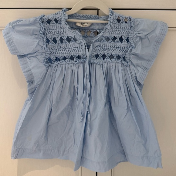 Sea New York Light Blue Smocked Cap Sleeve Cutout Top Short Sleeve Blouse size S - Picture 2 of 9